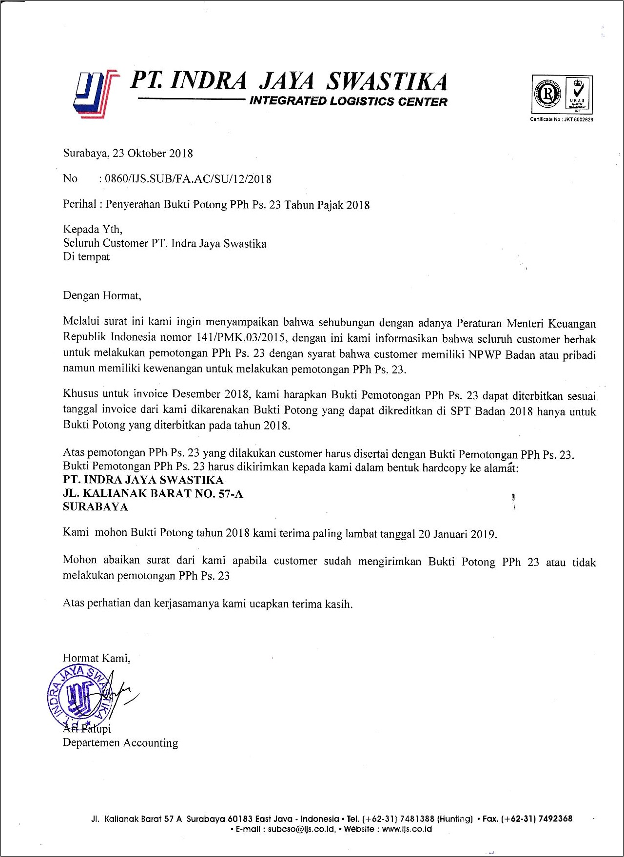 Contoh Surat Permohonan Bukti Ke Perusahaan Pemotong
