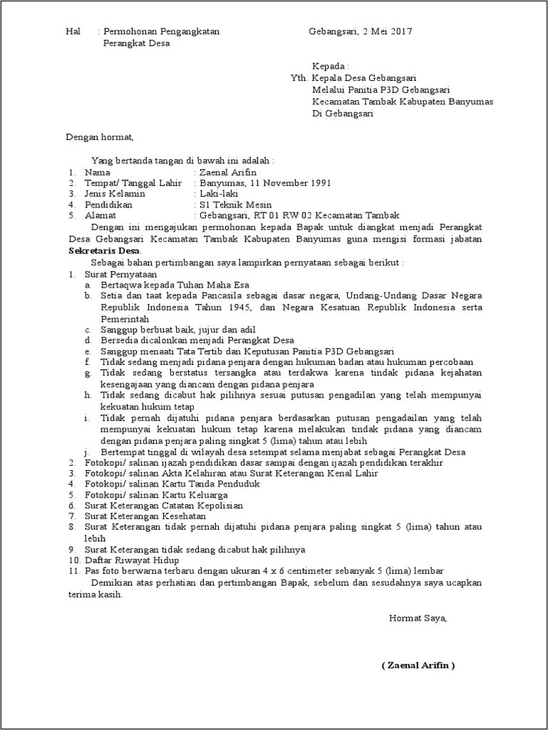 Contoh Surat Permohonan Calon Kepala Dusun