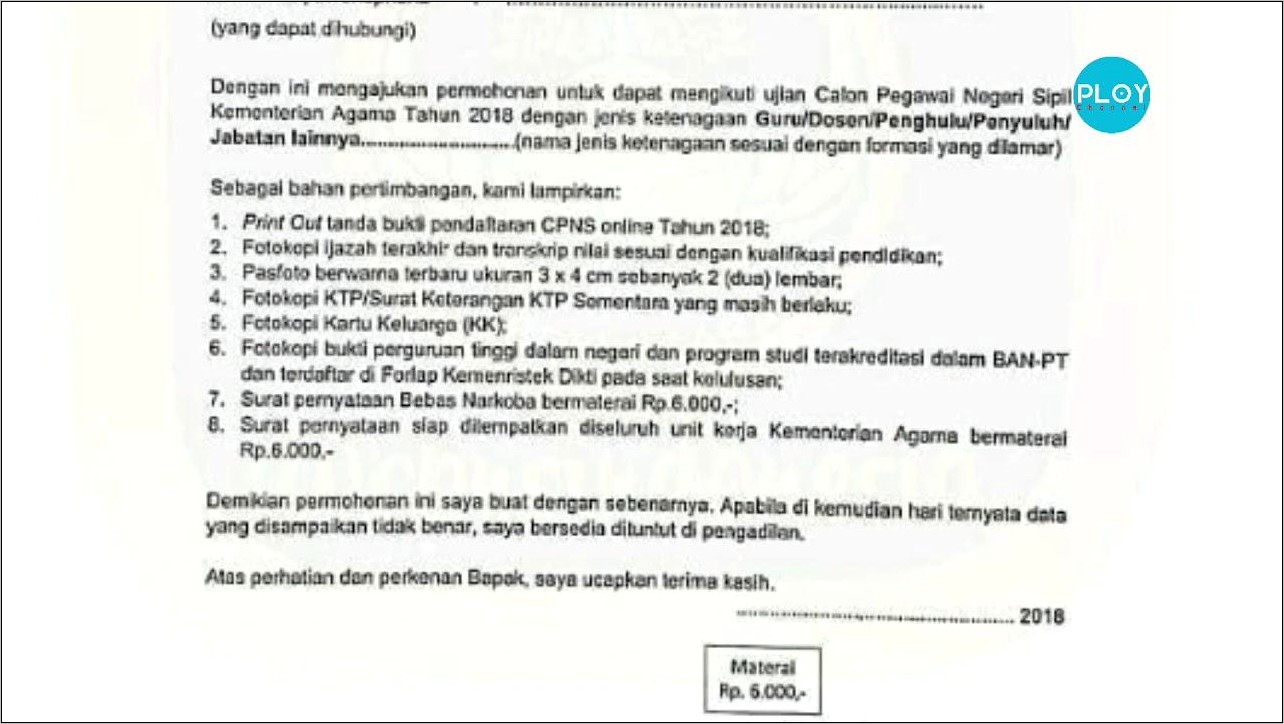Contoh Surat Permohonan Cpns 2019