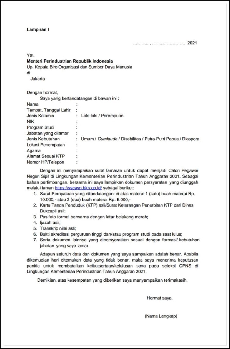 Contoh Surat Permohonan Cpns