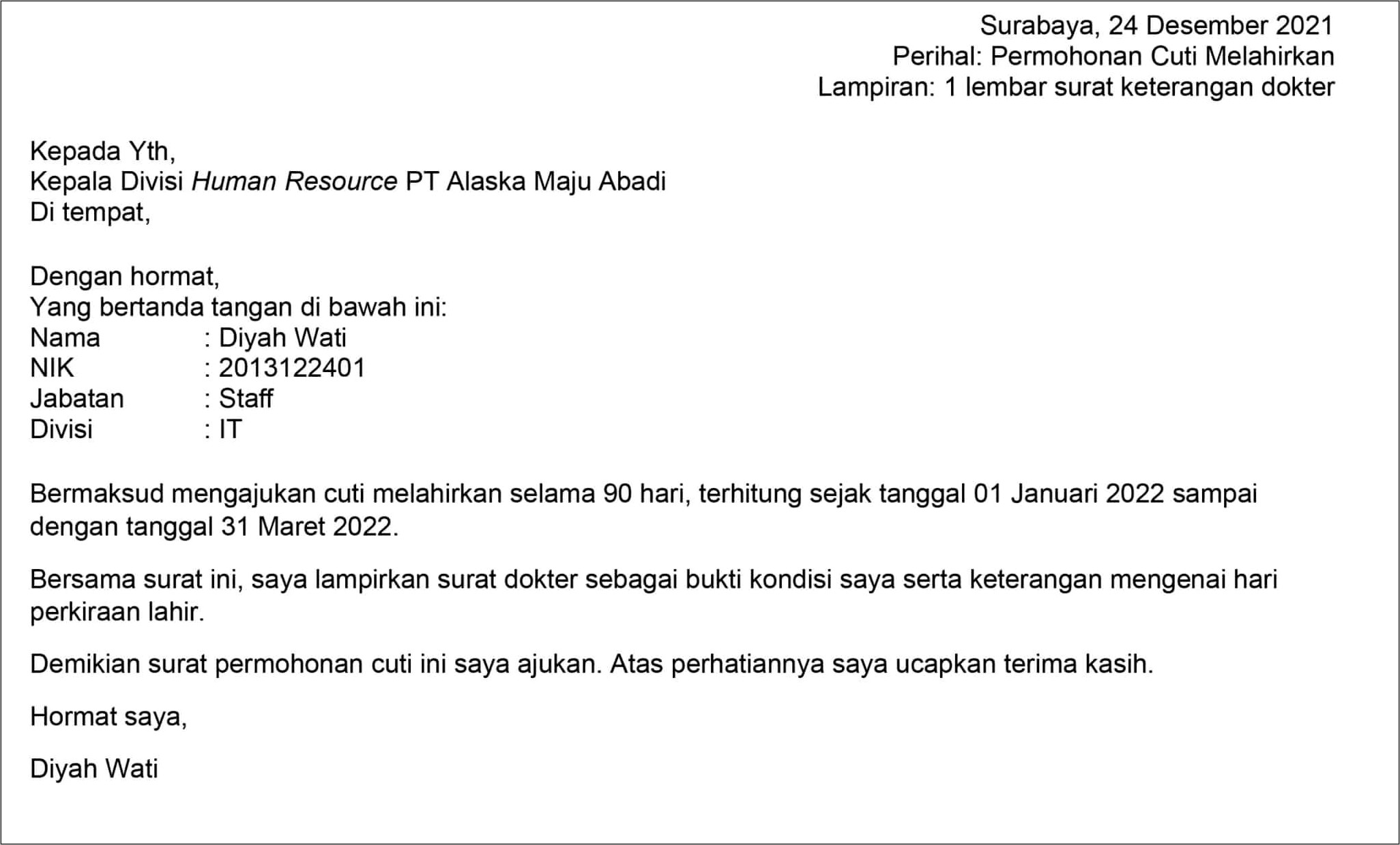 Contoh Surat Permohonan Cuti Bersalin