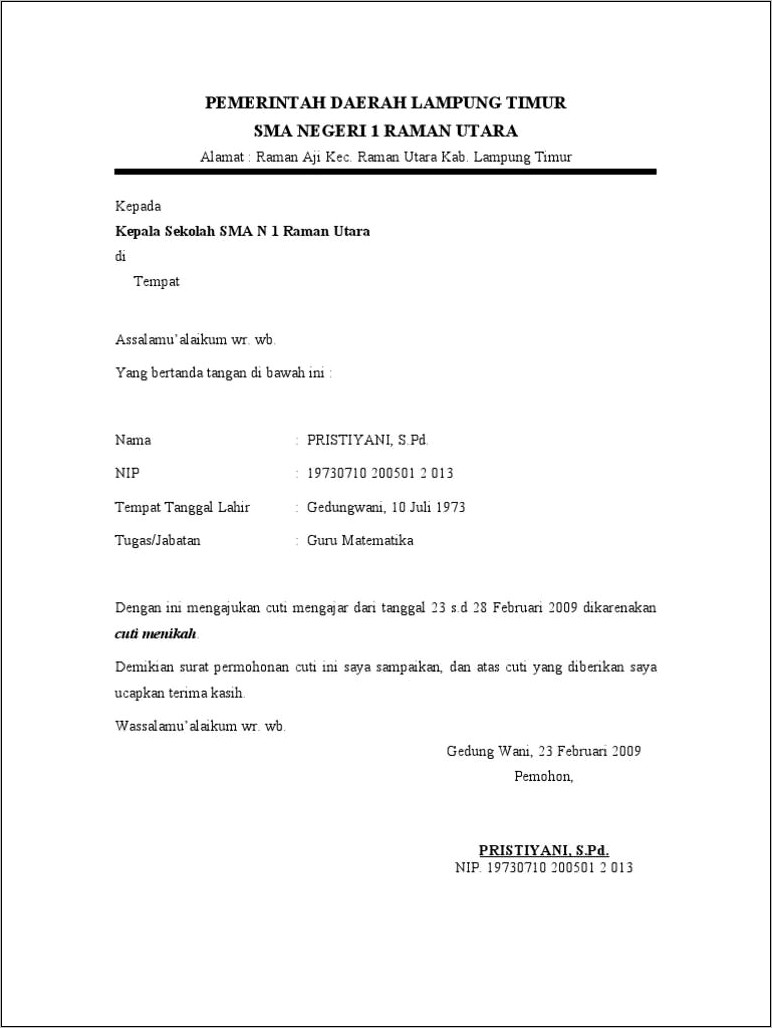 Contoh Surat Permohonan Cuti Pernikahan Ppnpn 2018