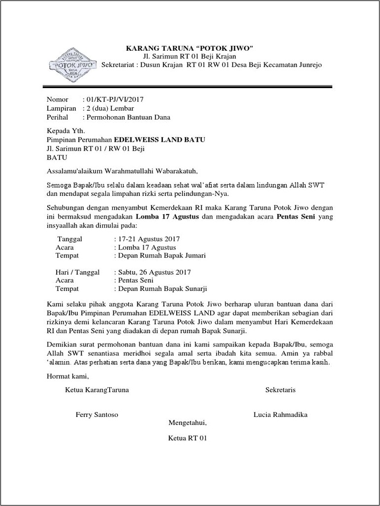 Contoh Surat Permohonan Dana Acara