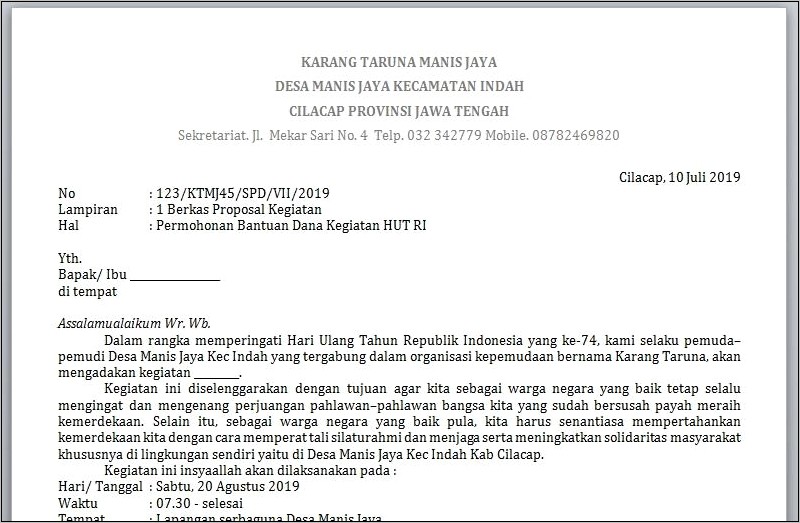 Contoh Surat Permohonan Dana Hibah