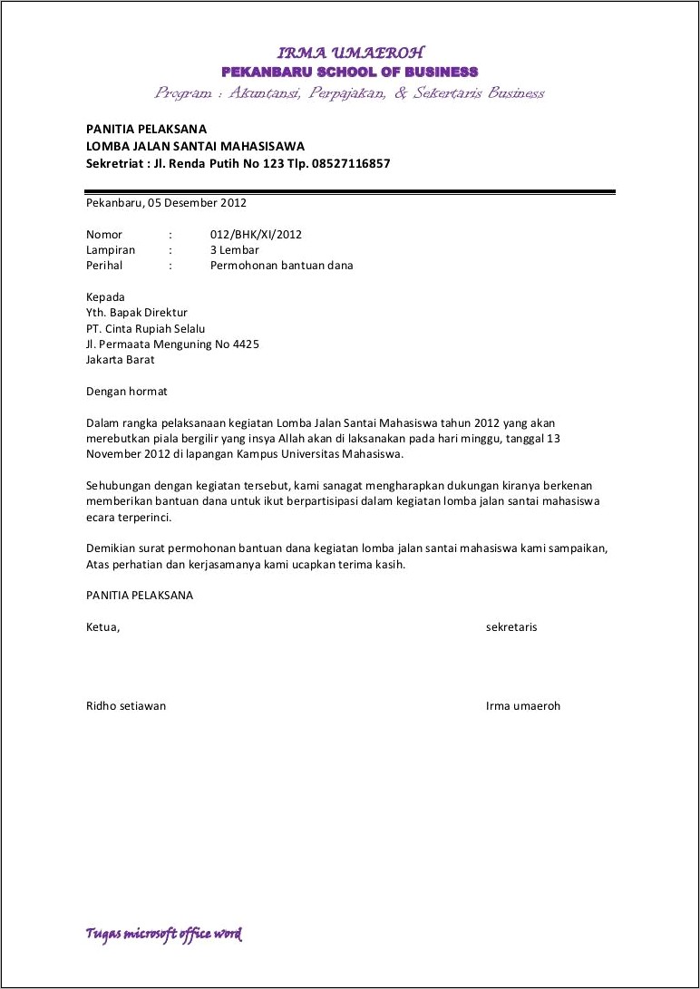 Contoh Surat Permohonan Dana Pada Pt