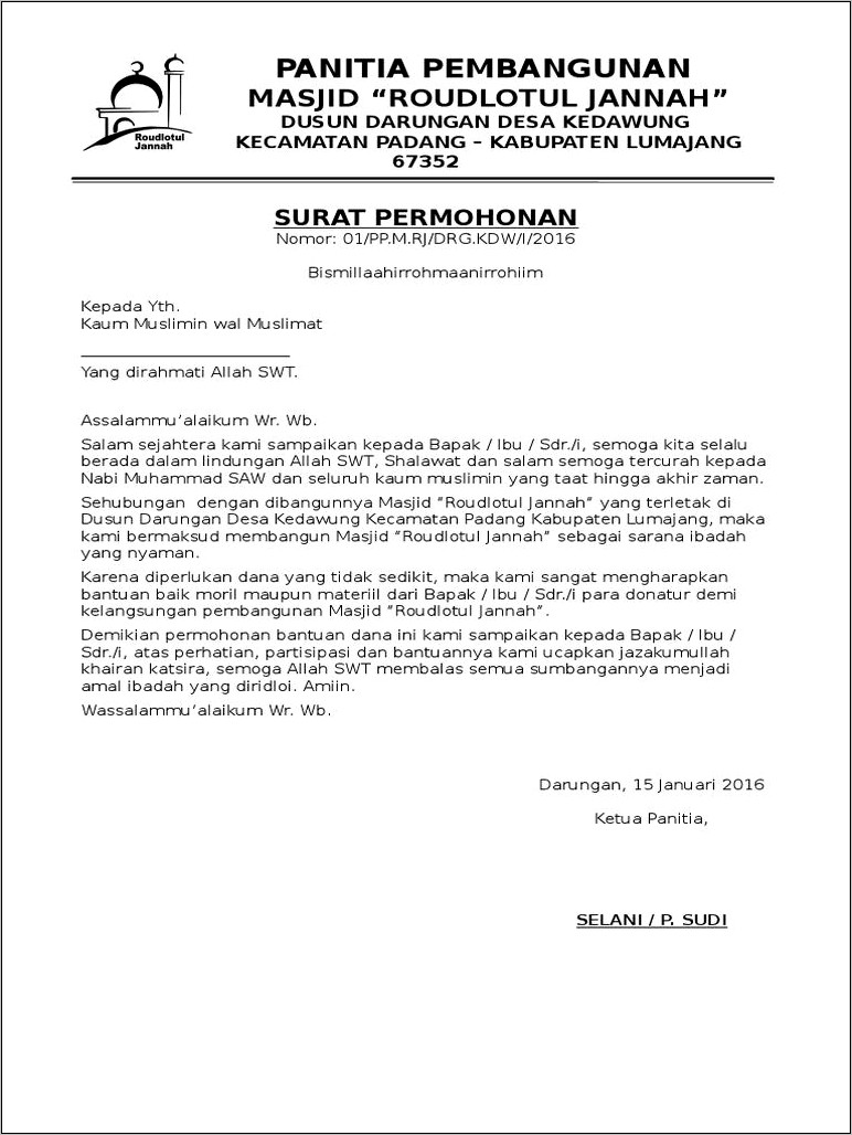 Contoh Surat Permohonan Dana Pembangunan Masjid