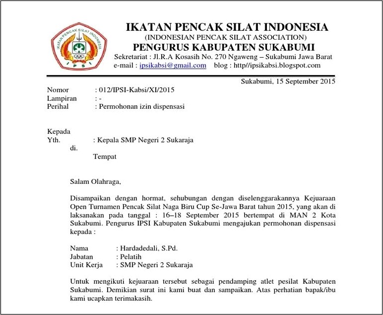 Contoh Surat Permohonan Dana Untuk Kejuaraan Silat