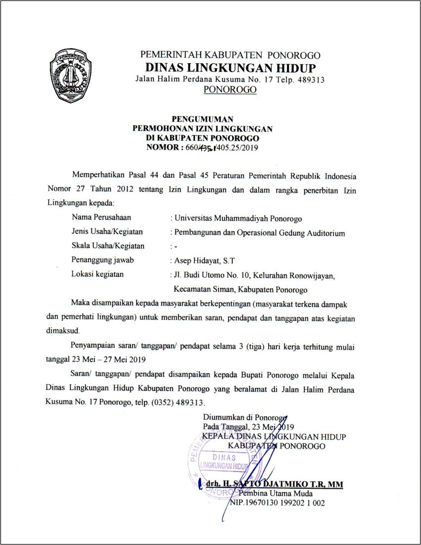 Contoh Surat Permohonan Dikeluarkannya Izin Lingkungan Hidup