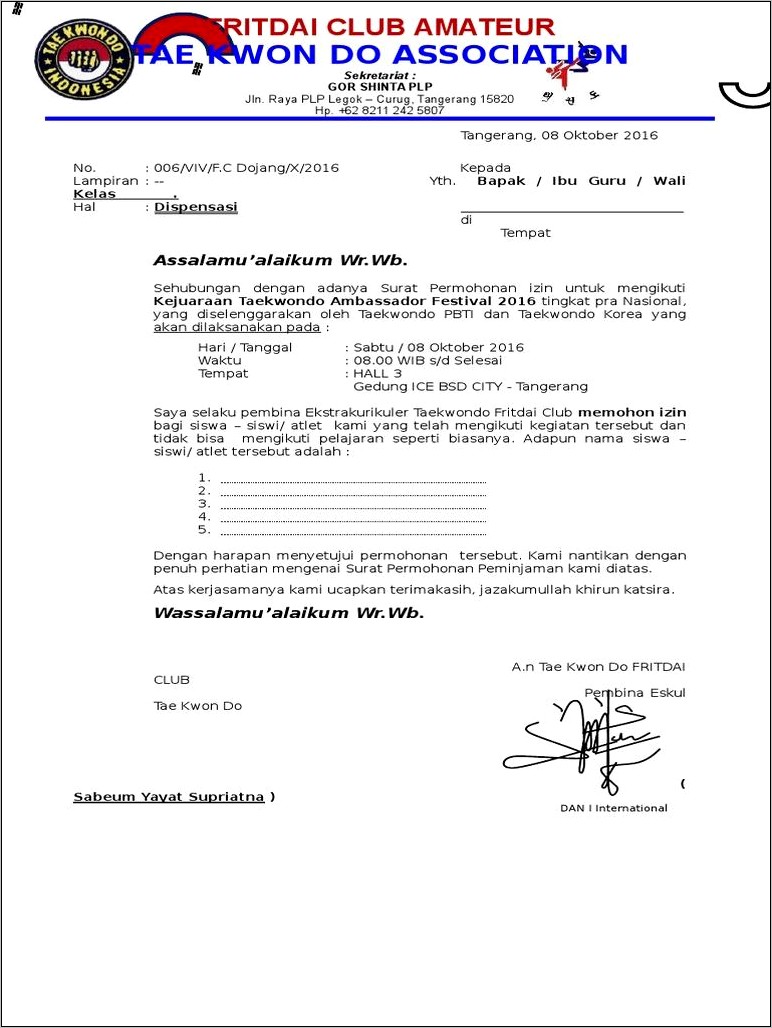 Contoh Surat Permohonan Dispensasi Tc Atli