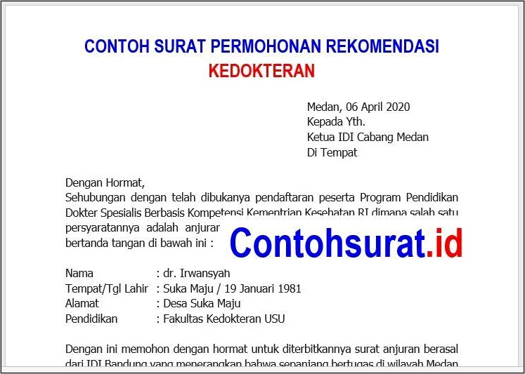 Contoh Surat Permohonan Dokter Spesialis