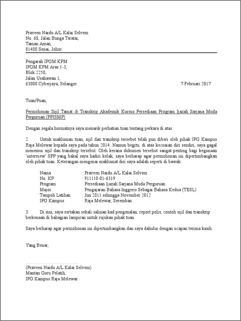 Contoh Surat Permohonan Dokumen Hilang