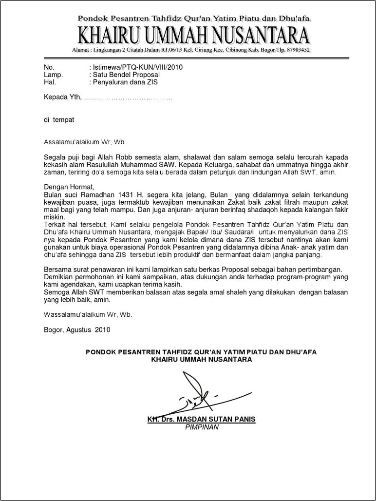 Contoh Surat Permohonan Donatur Rumah Tahfizd