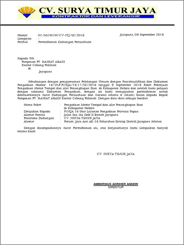 Contoh Surat Permohonan Dukungan Bupati