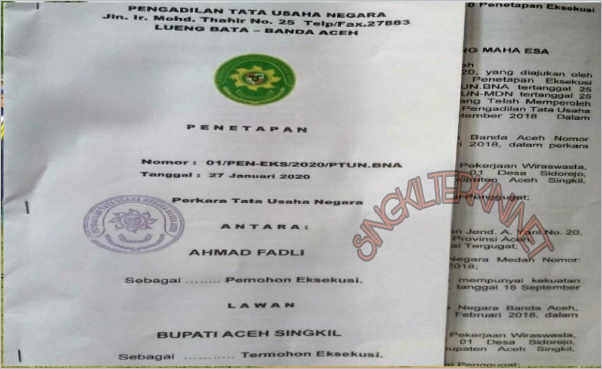 Contoh Surat Permohonan Eksekusi Putusan