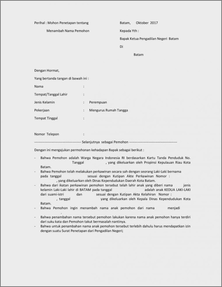 Contoh Surat Permohonan Ganti Nama Akta Kelahiran