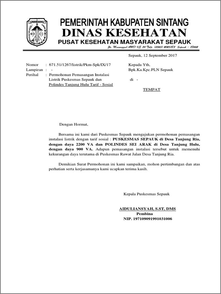 Contoh Surat Permohonan Ganti Tarif Listrik