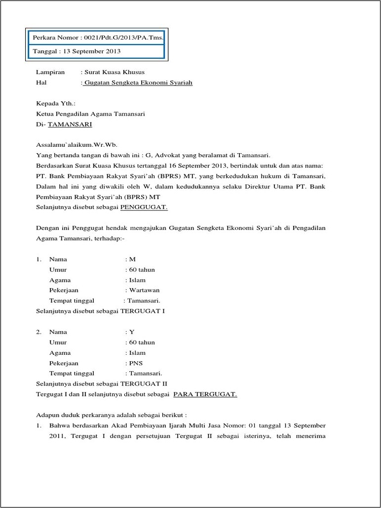 Contoh Surat Permohonan Gugatan Sederhana