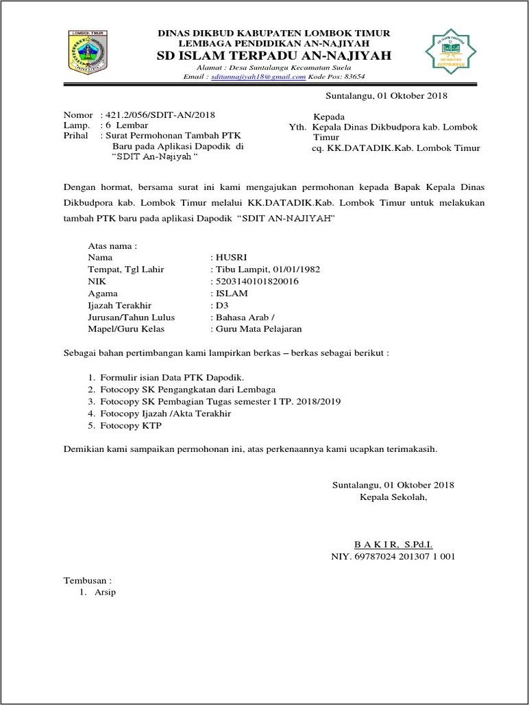 Contoh Surat Permohonan Guru Bantu Dapodik