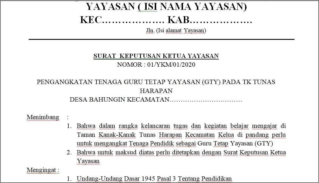 Contoh Surat Permohonan Guru Tetap Yayasan