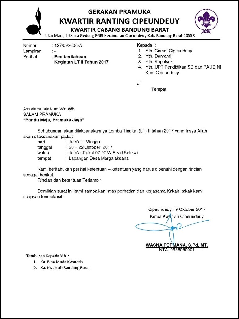 Contoh Surat Permohonan Ijin Ke Kwartir Ranting Untuk Kegiatan Persami