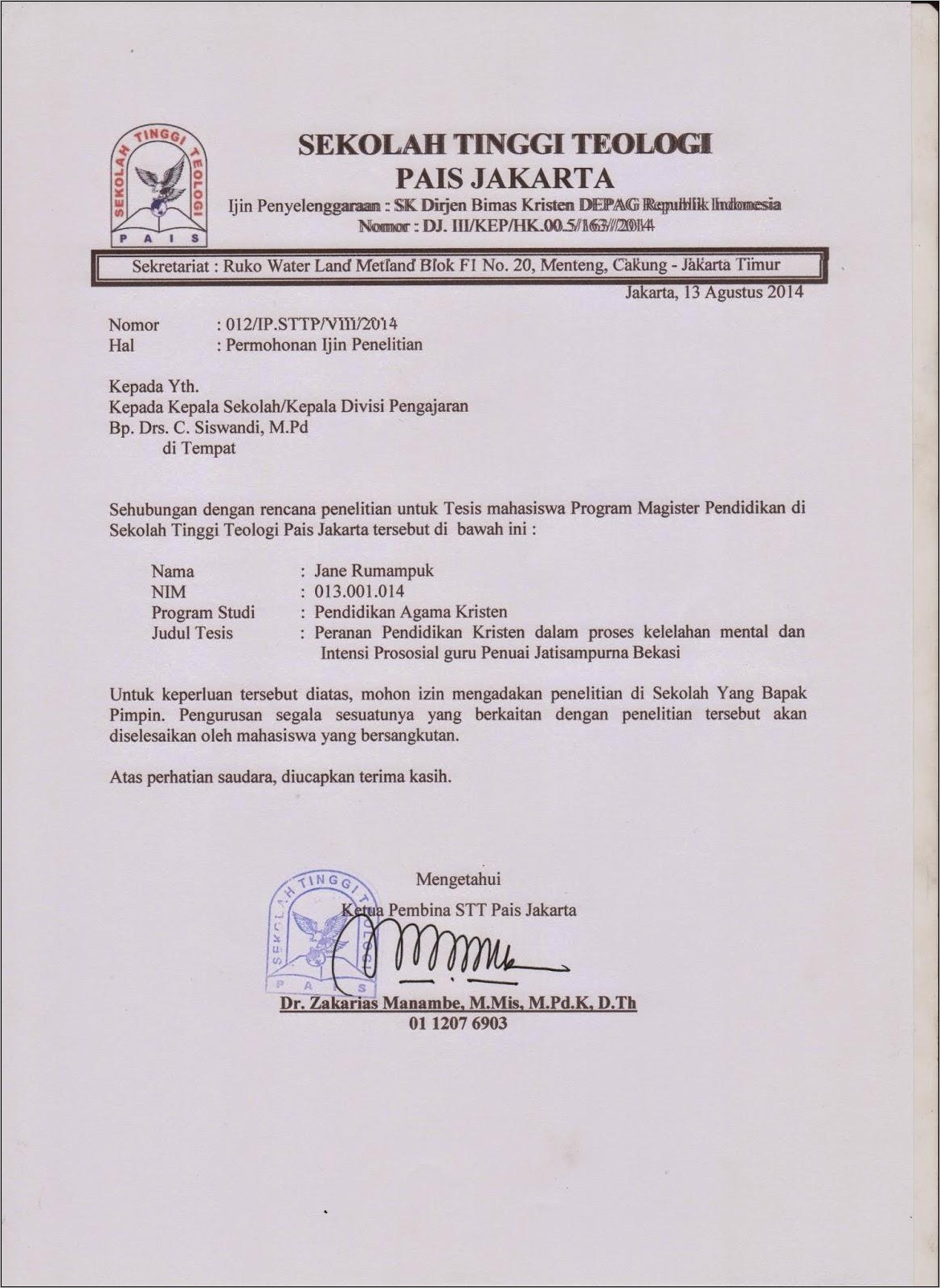 Contoh Surat Permohonan Ijin Penelitian Secara Individu
