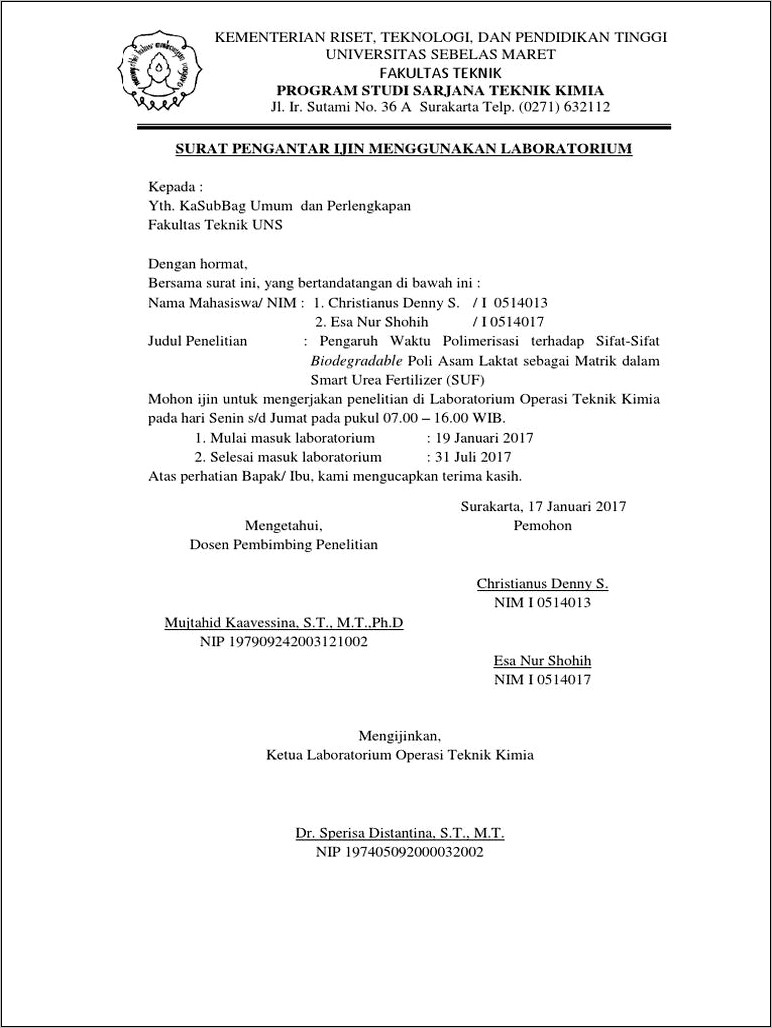 Contoh Surat Permohonan Ijin Penelitian Untuk Laboratorium