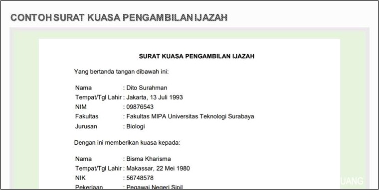 Contoh Surat Permohonan Ijzah
