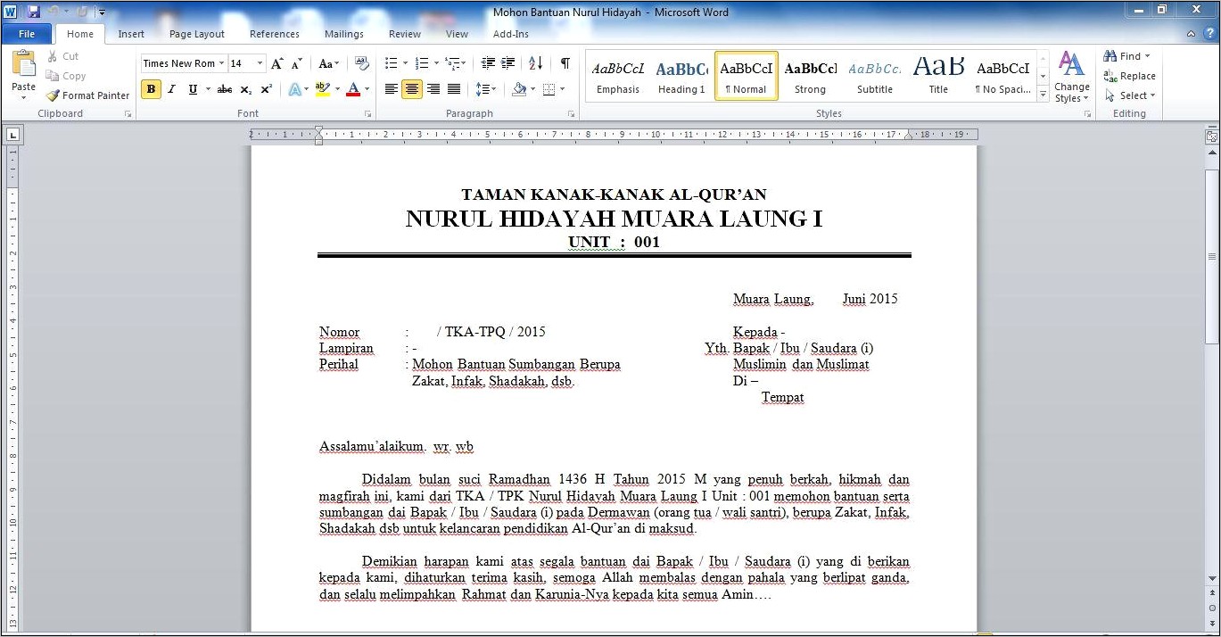 Contoh Surat Permohonan Infaq Ramadhan Untuk Tk