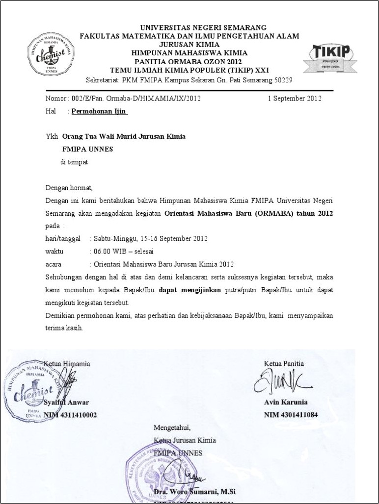 Contoh Surat Permohonan Izin Kepada Orang Tua Wali Mahasiswa