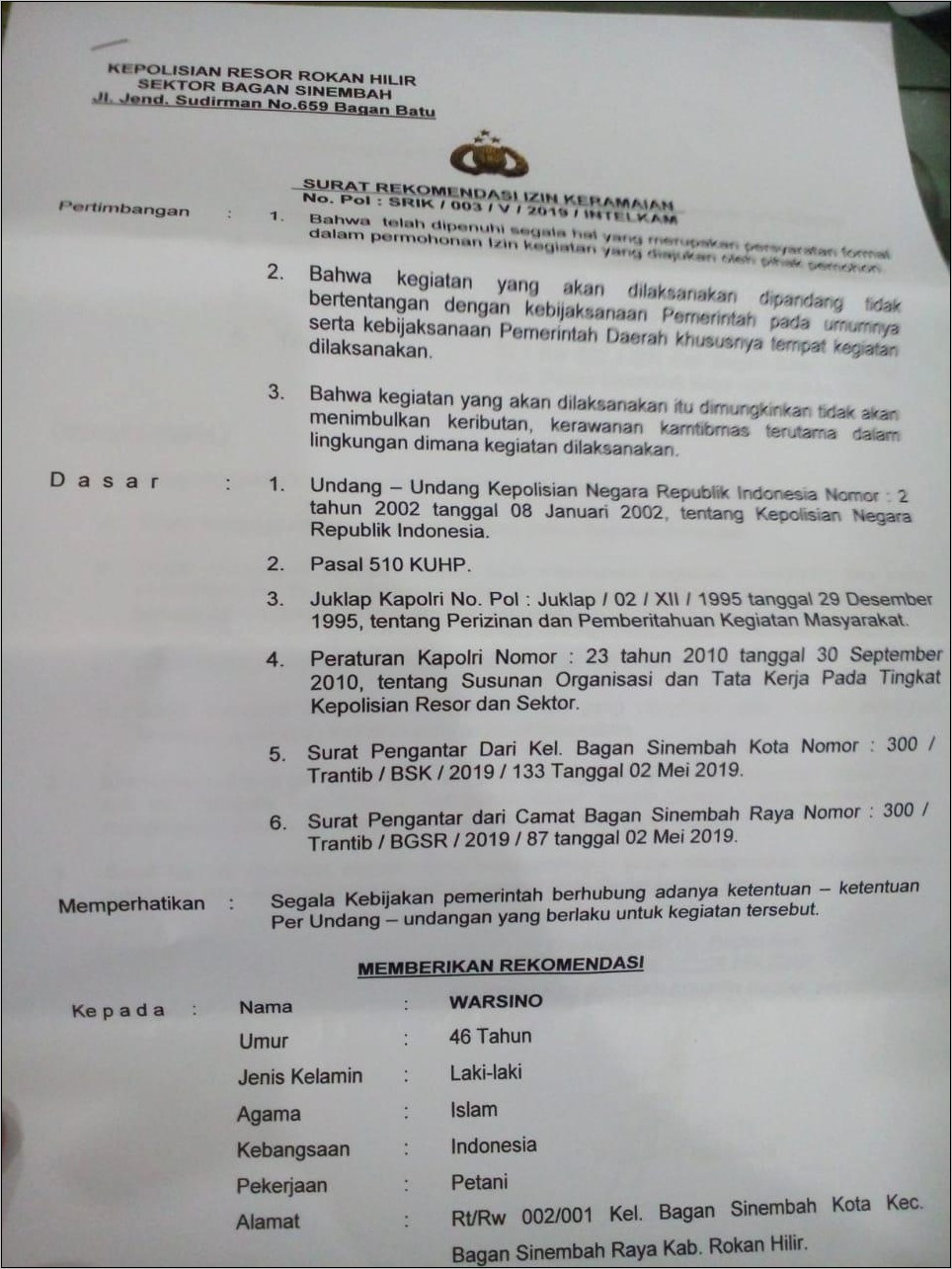 Contoh Surat Permohonan Izin Keramaian Ke Polsek