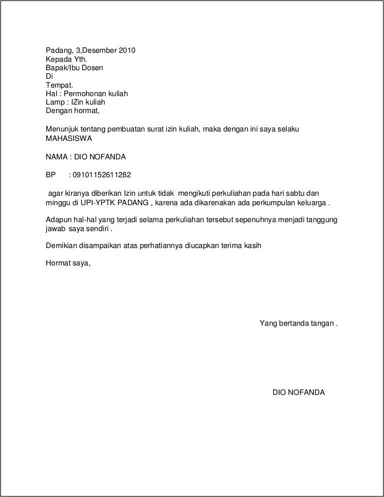 Contoh Surat Permohonan Izin Kuliah Karena Sakit