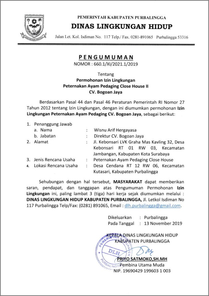 Contoh Surat Permohonan Izin Lingkungan