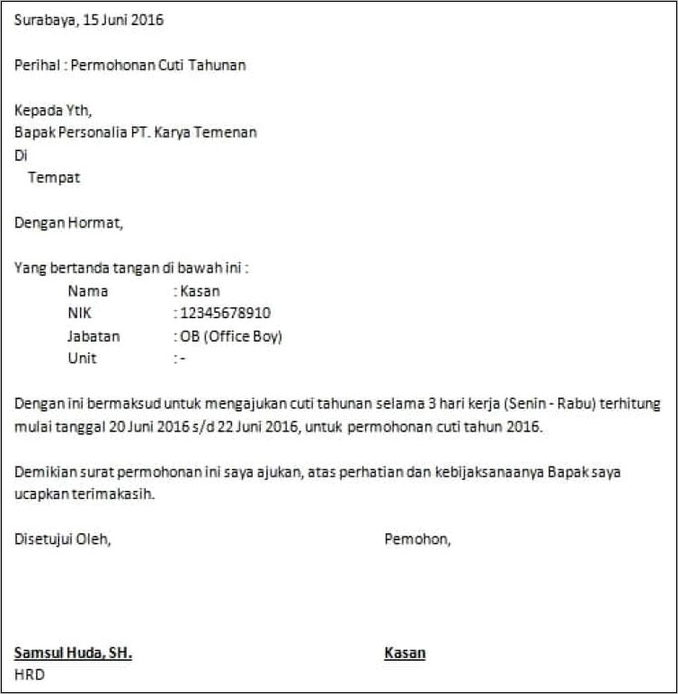 Contoh Surat Permohonan Izin Meninggalkan Tugas