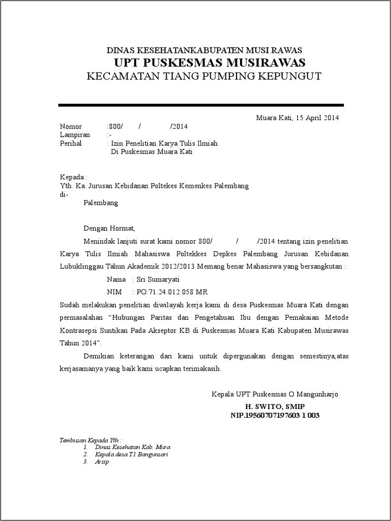 Contoh Surat Permohonan Izin Penelitian Skripsi