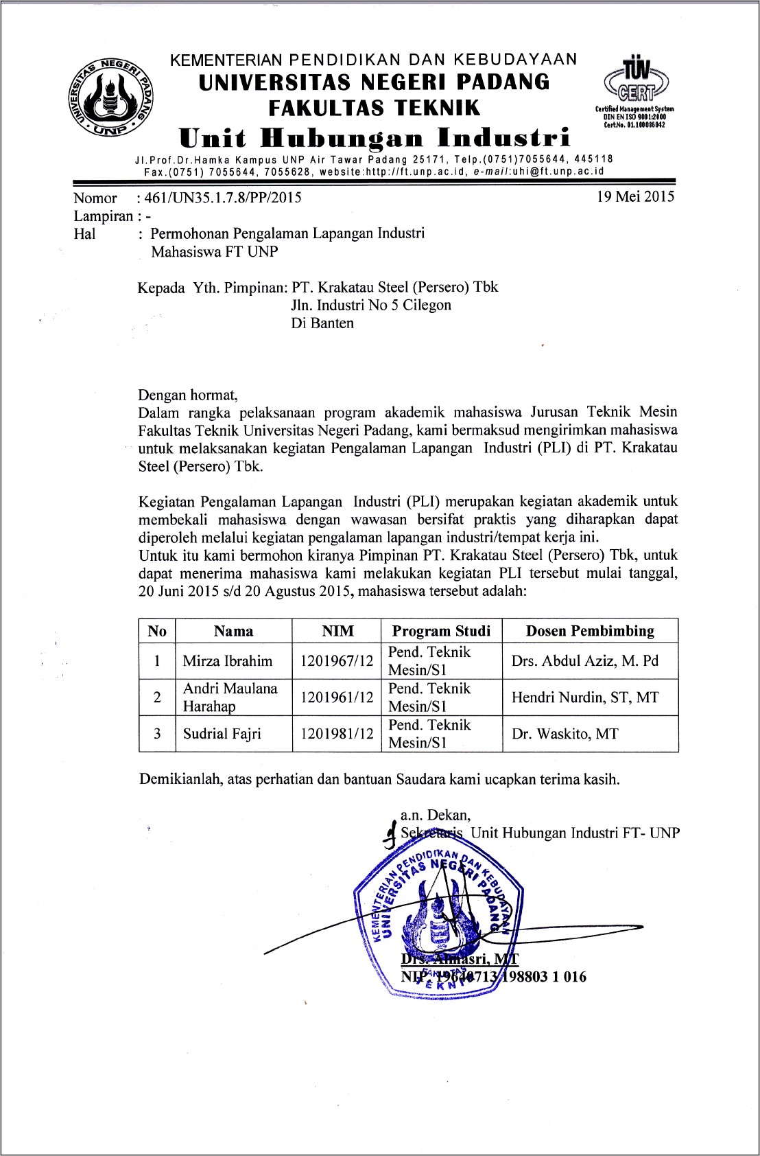 Contoh Surat Permohonan Izin Praktek Lapangan