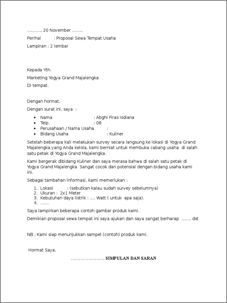 Contoh Surat Permohonan Izin Sewa Tempat Usaha