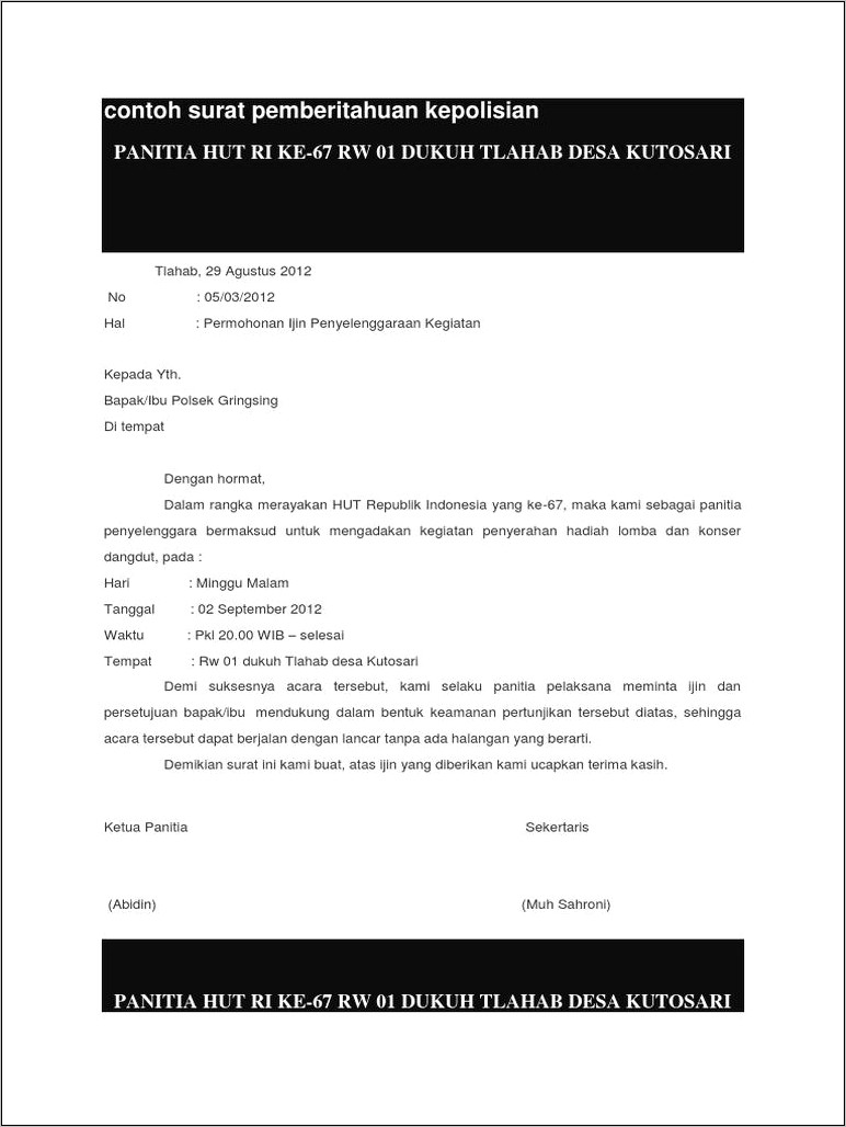 Contoh Surat Permohonan Izin Tempat Acara