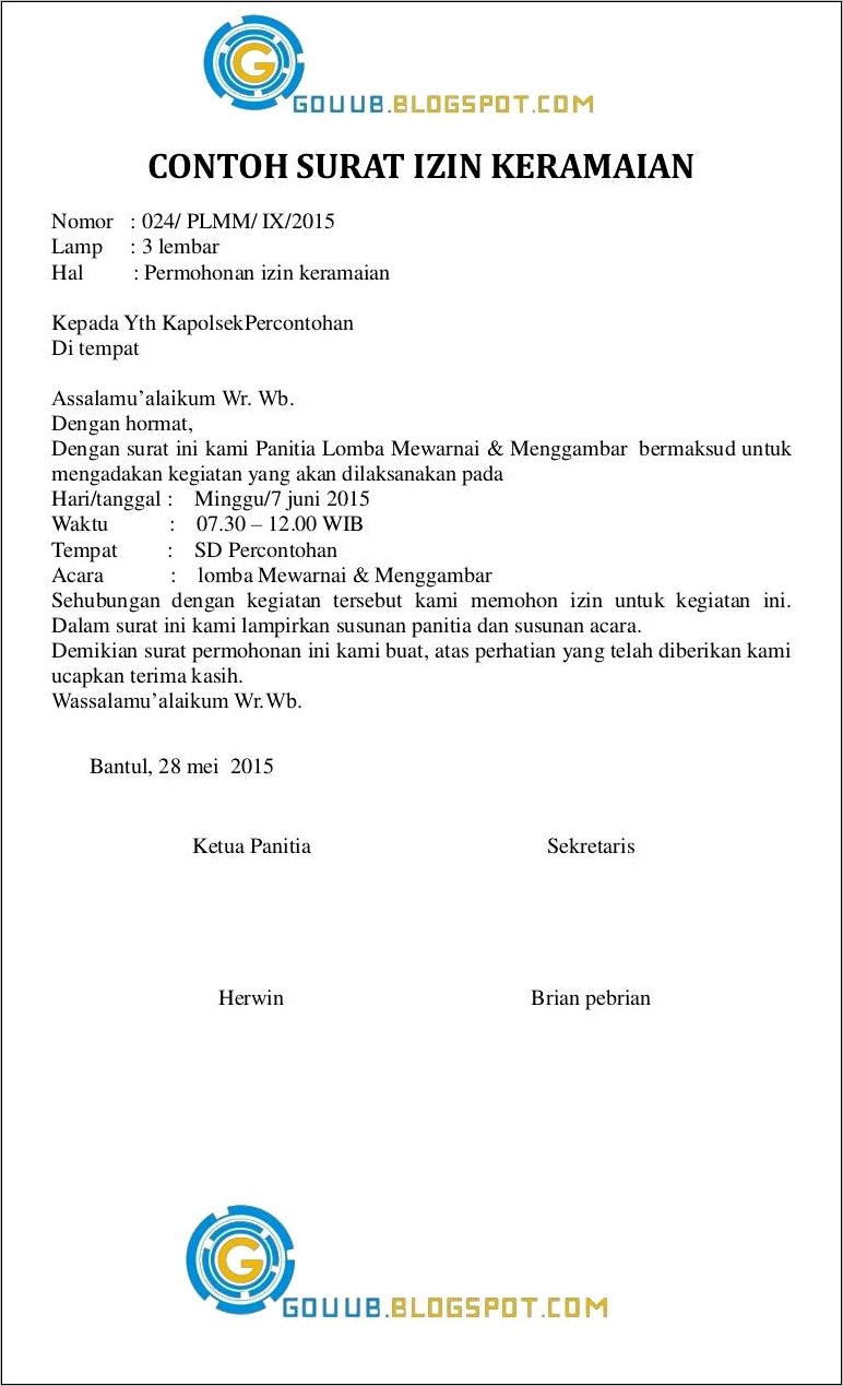 Contoh Surat Permohonan Izin Tempat Untuk Acara