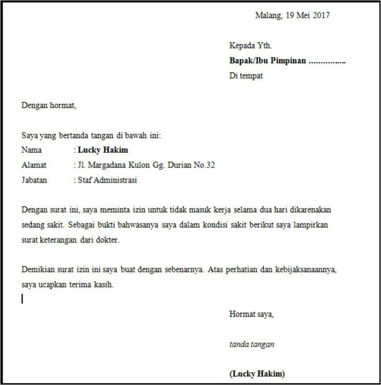 Contoh Surat Permohonan Izin Tidak Masuk Sekolah Karena Sakit