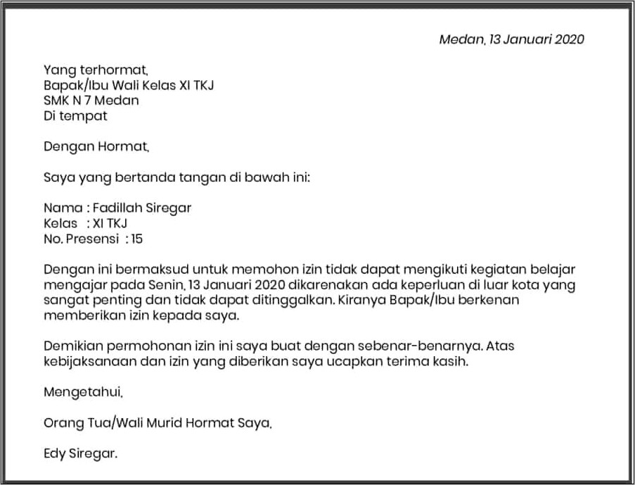 Contoh Surat Permohonan Izin Tidak Masuk Sekolah