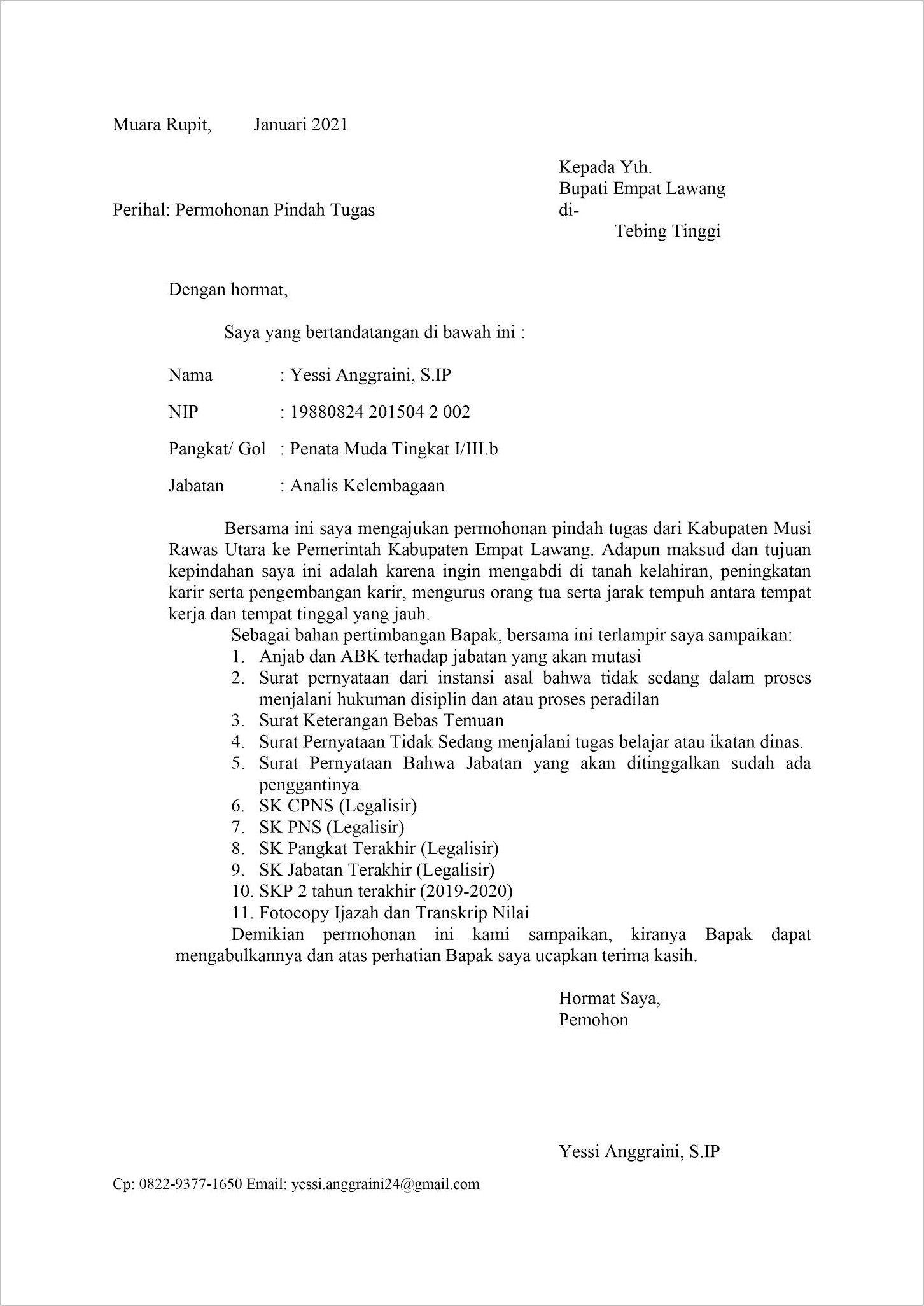 Contoh Surat Permohonan Izin Walikota Pindah Tugas