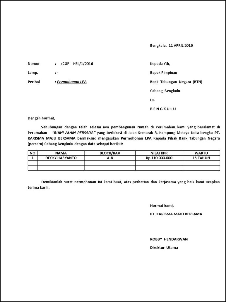 Contoh Surat Permohonan Jadwal Akad Kredit