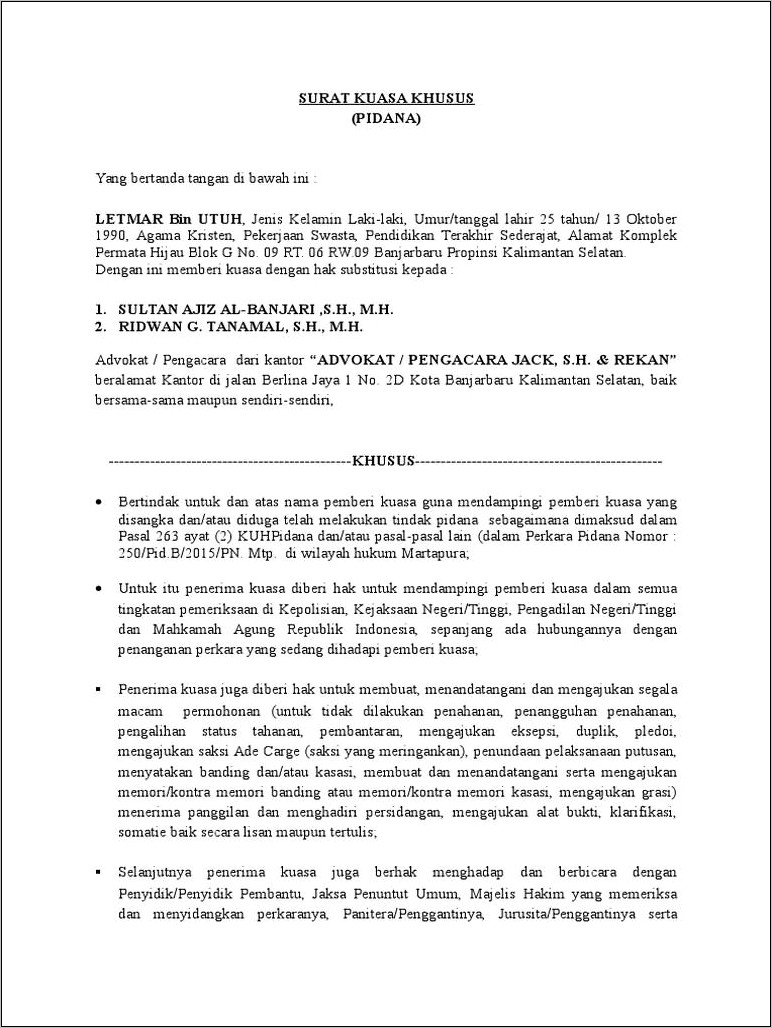 Contoh Surat Permohonan Kasasi Pidana