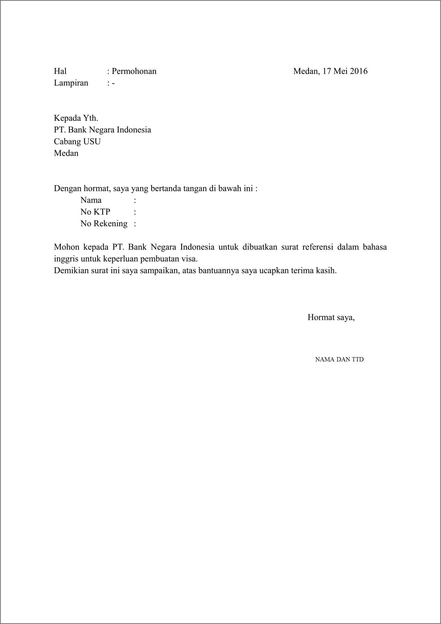 Contoh Surat Permohonan Ke Bank Mandiri
