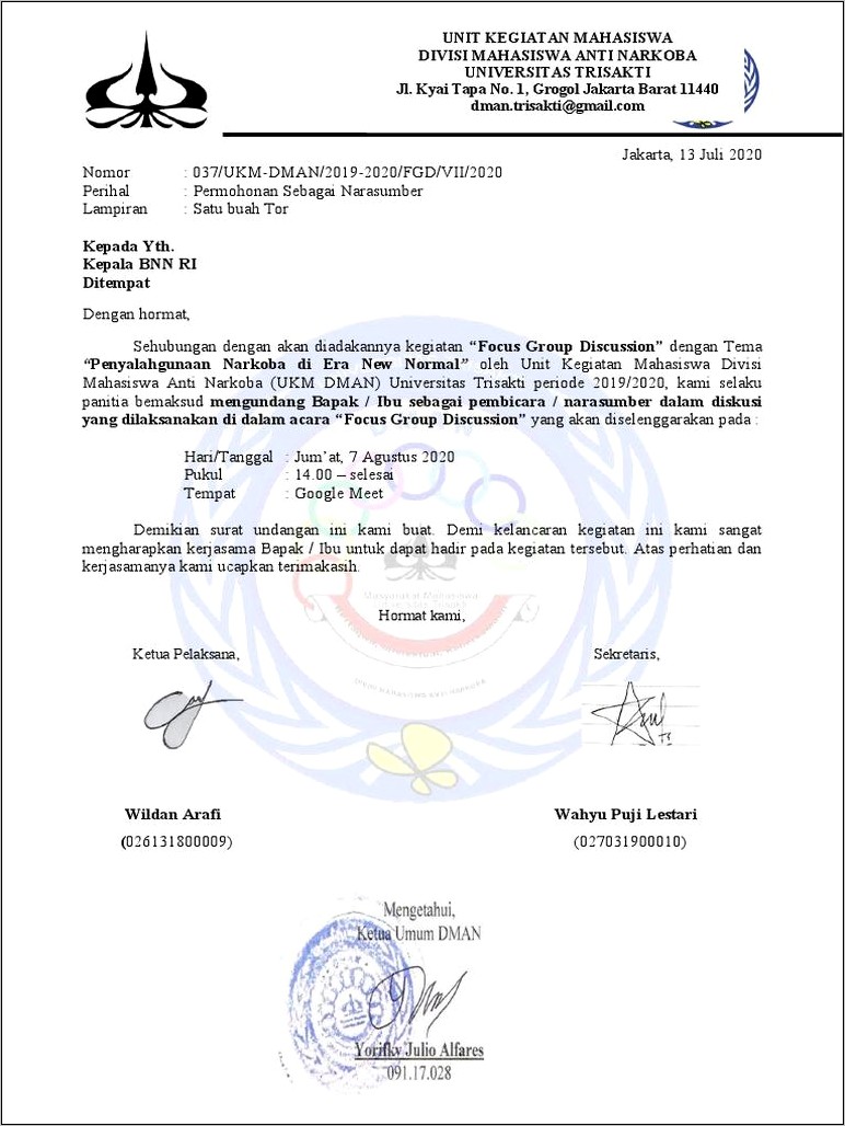 Contoh Surat Permohonan Ke Bnn