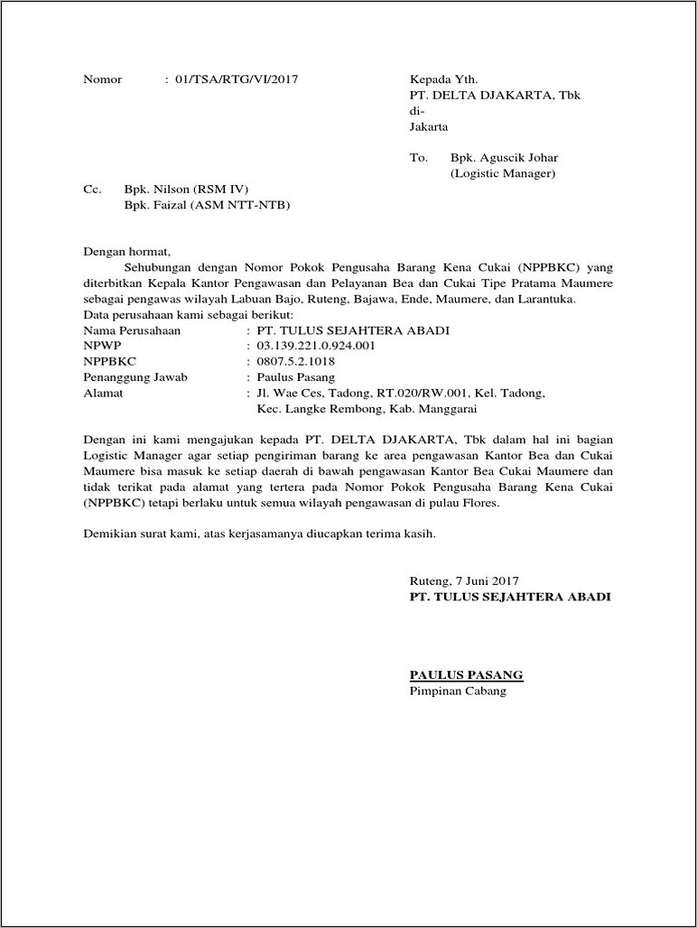 Contoh Surat Permohonan Kedatangan