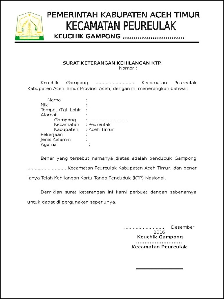Contoh Surat Permohonan Kehilangan Ktp