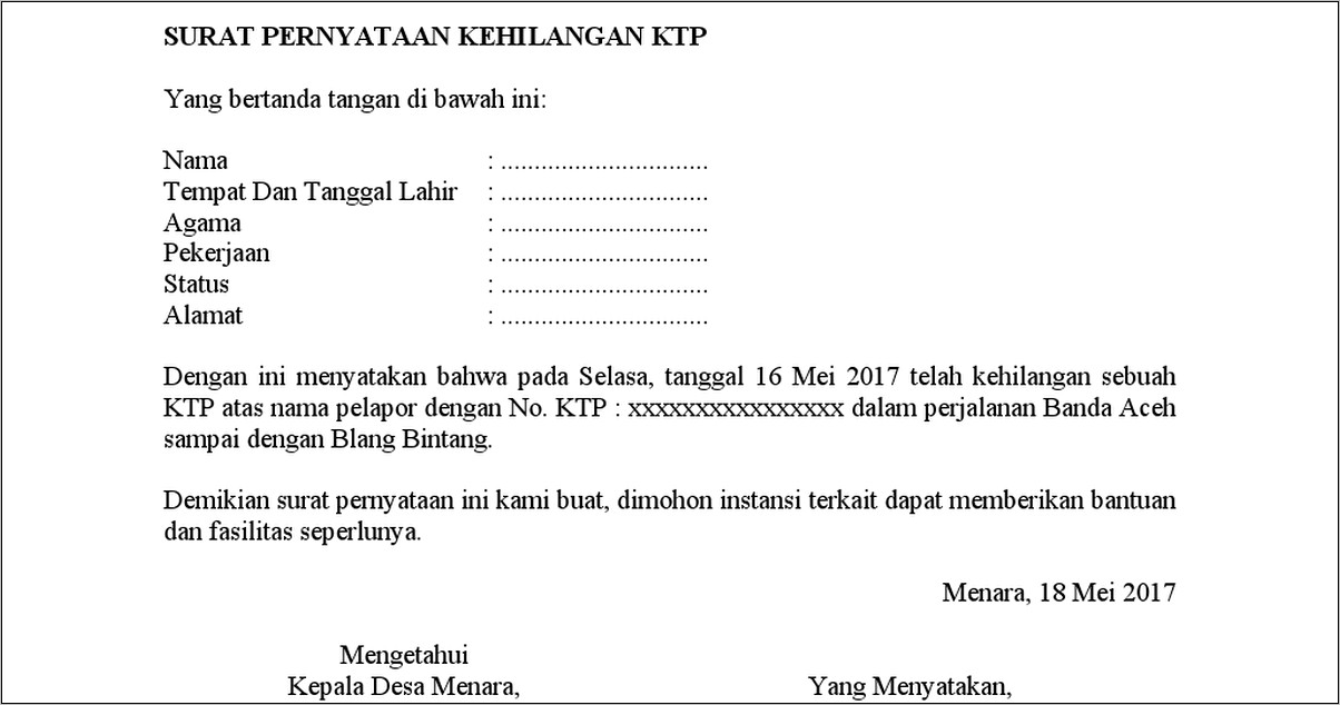 Contoh Surat Permohonan Kehilangan