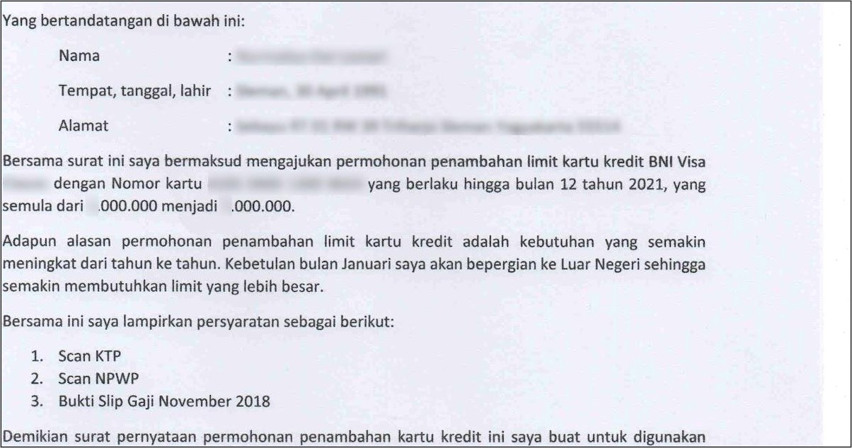 Contoh Surat Permohonan Kenaikan Limit Kartu Kredit Bri