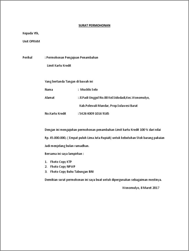Contoh Surat Permohonan Kenaikan Limit
